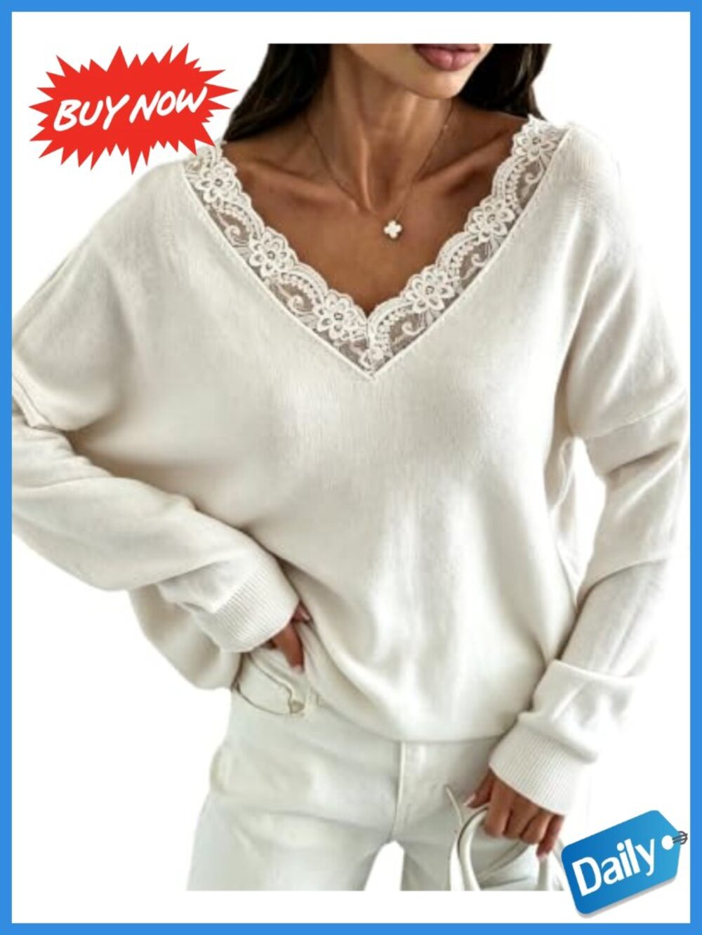 V Neck Lace Trim Sweater Oversized Pullover Long Sleeve Knit Top